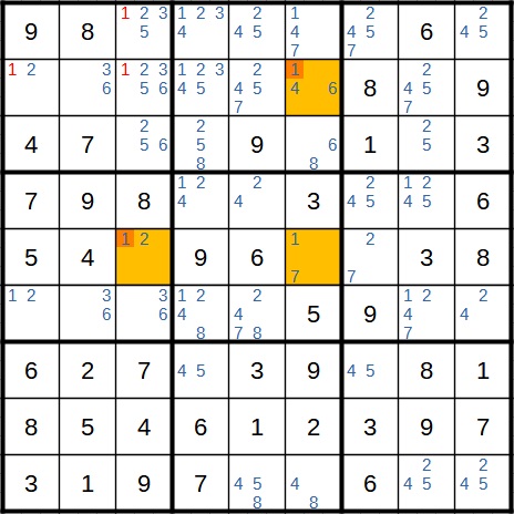 Sudoku Beispiel 1 Schritt 6 Widerspruchstechnik